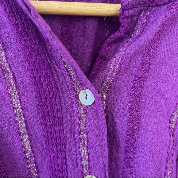 Made in Italy Vibrant Purple Textured Sparkly Peasant Boho Button Down Blouse - Picture 6 of 7